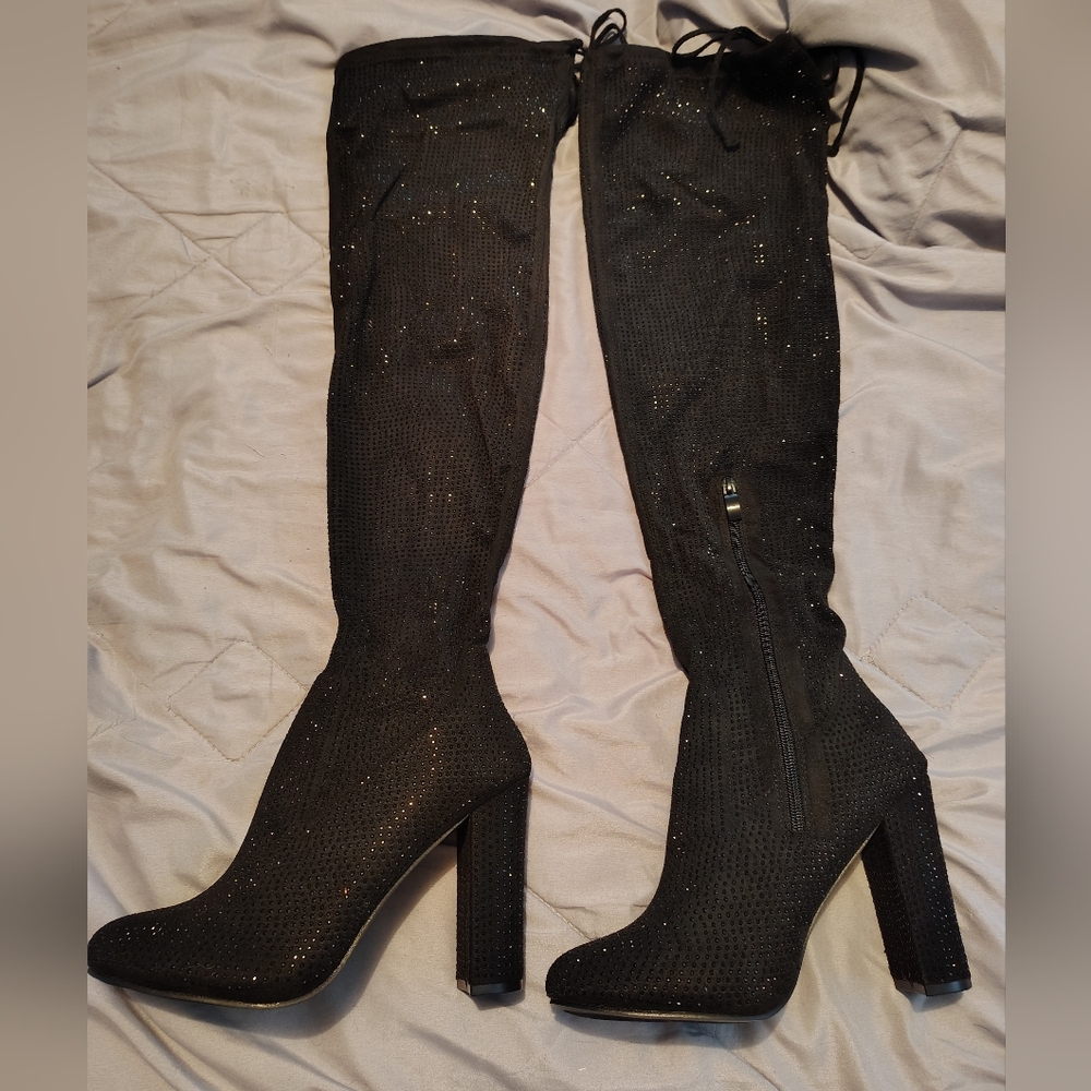 Rhinestone Over The Knee Black Boots - Picture 5 of 6